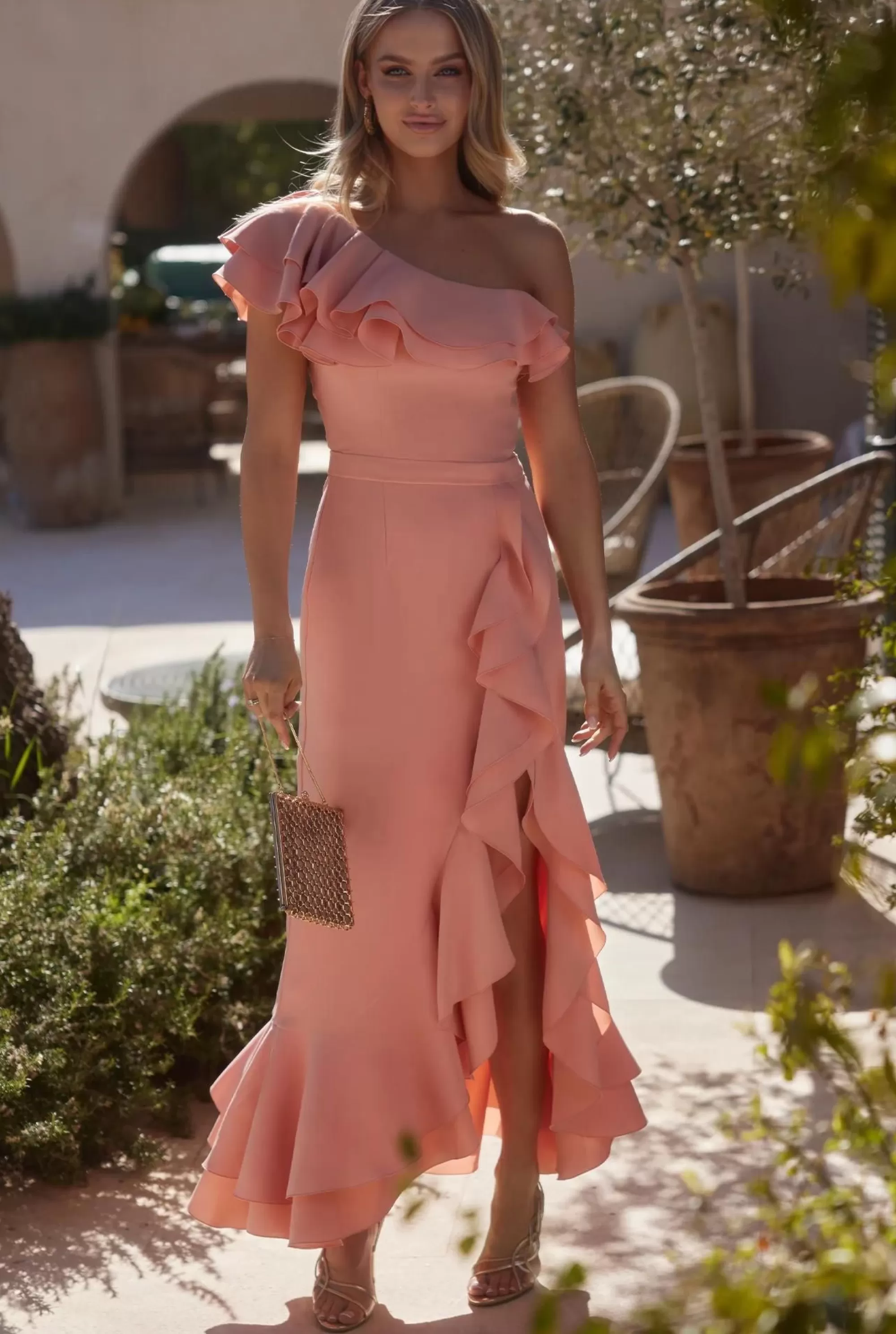 Store Airine - Corset Dress In Peach Shade With Asymmetrical Neckline And Frills Women Prom
