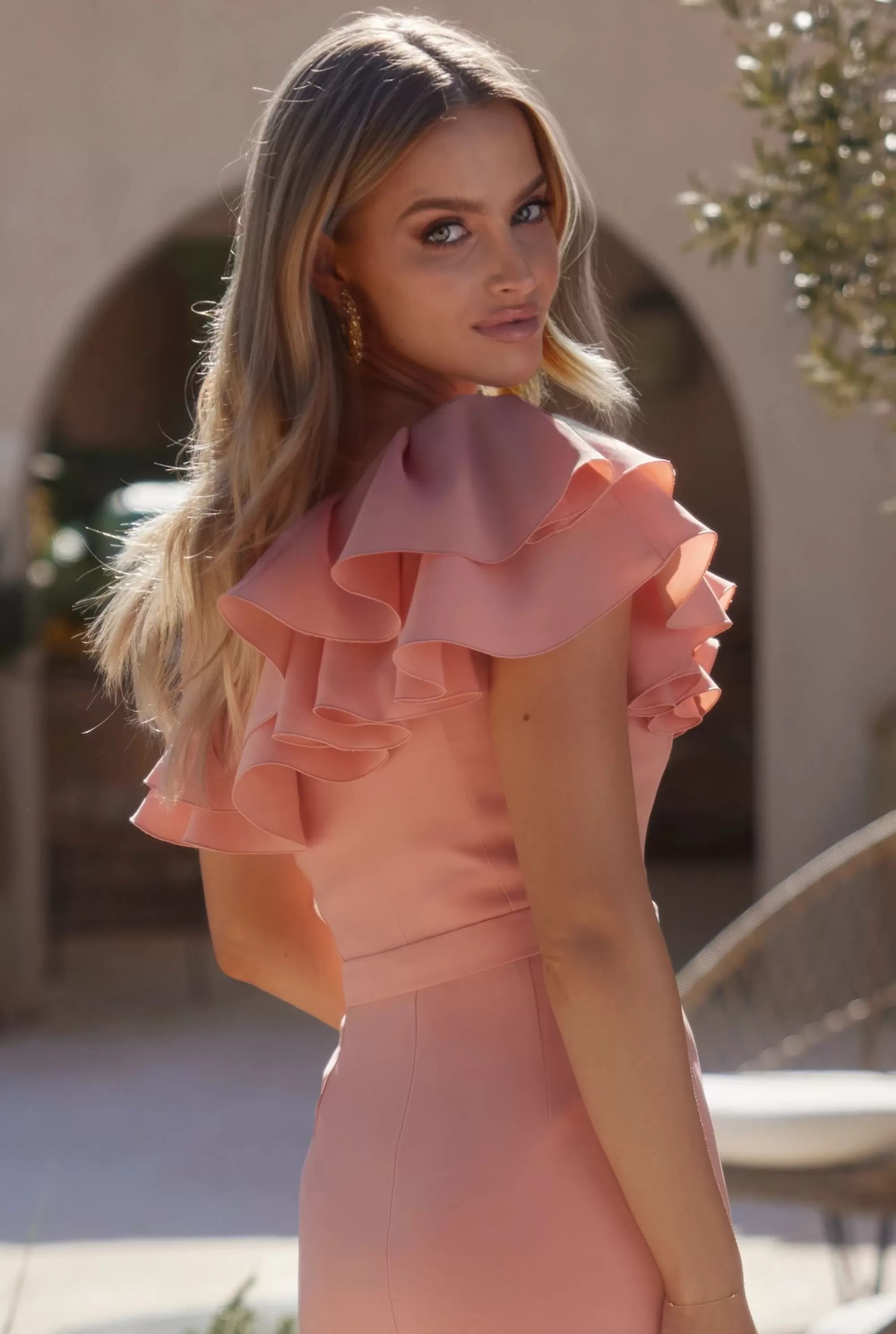 Store Airine - Corset Dress In Peach Shade With Asymmetrical Neckline And Frills Women Prom