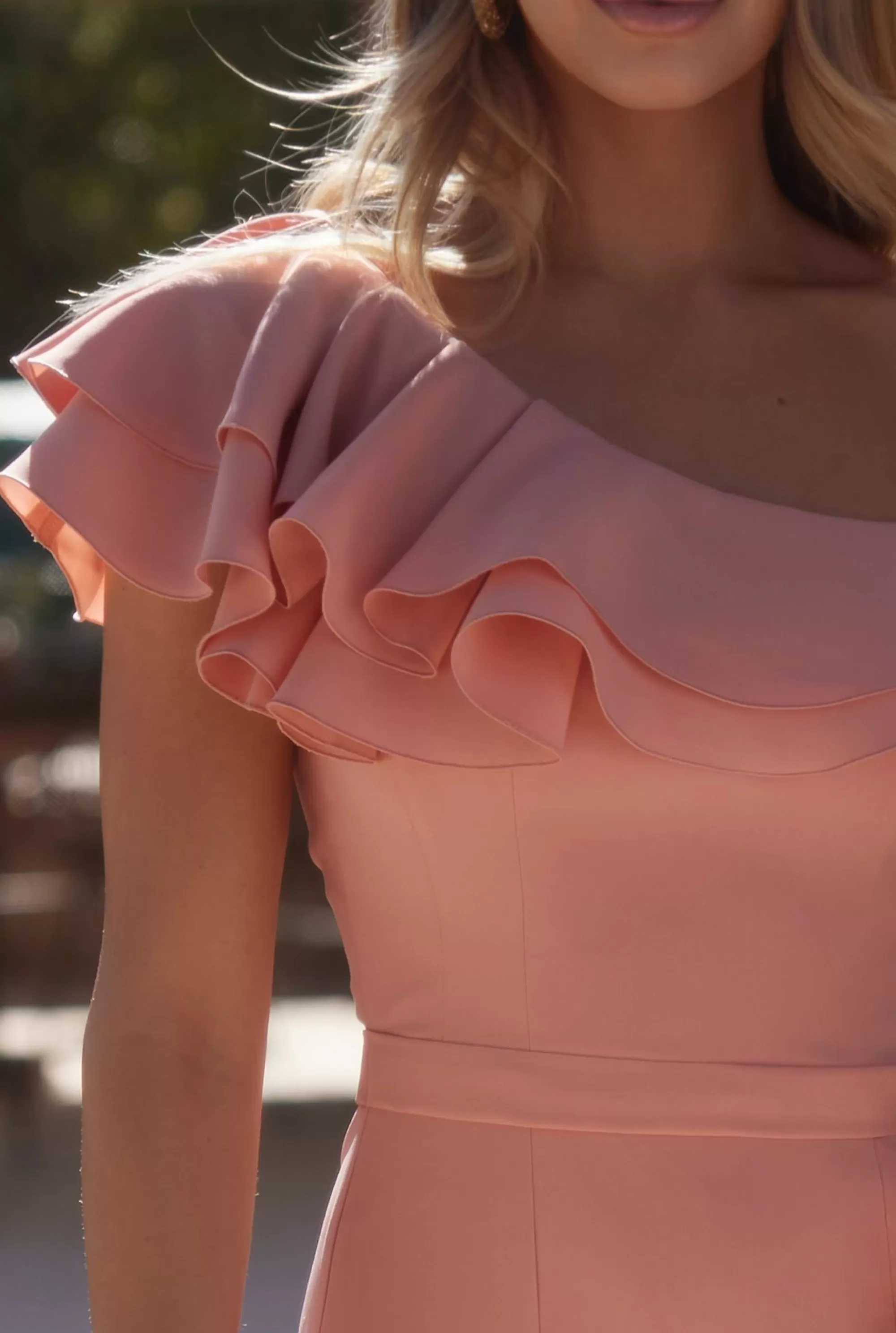 Store Airine - Corset Dress In Peach Shade With Asymmetrical Neckline And Frills Women Prom