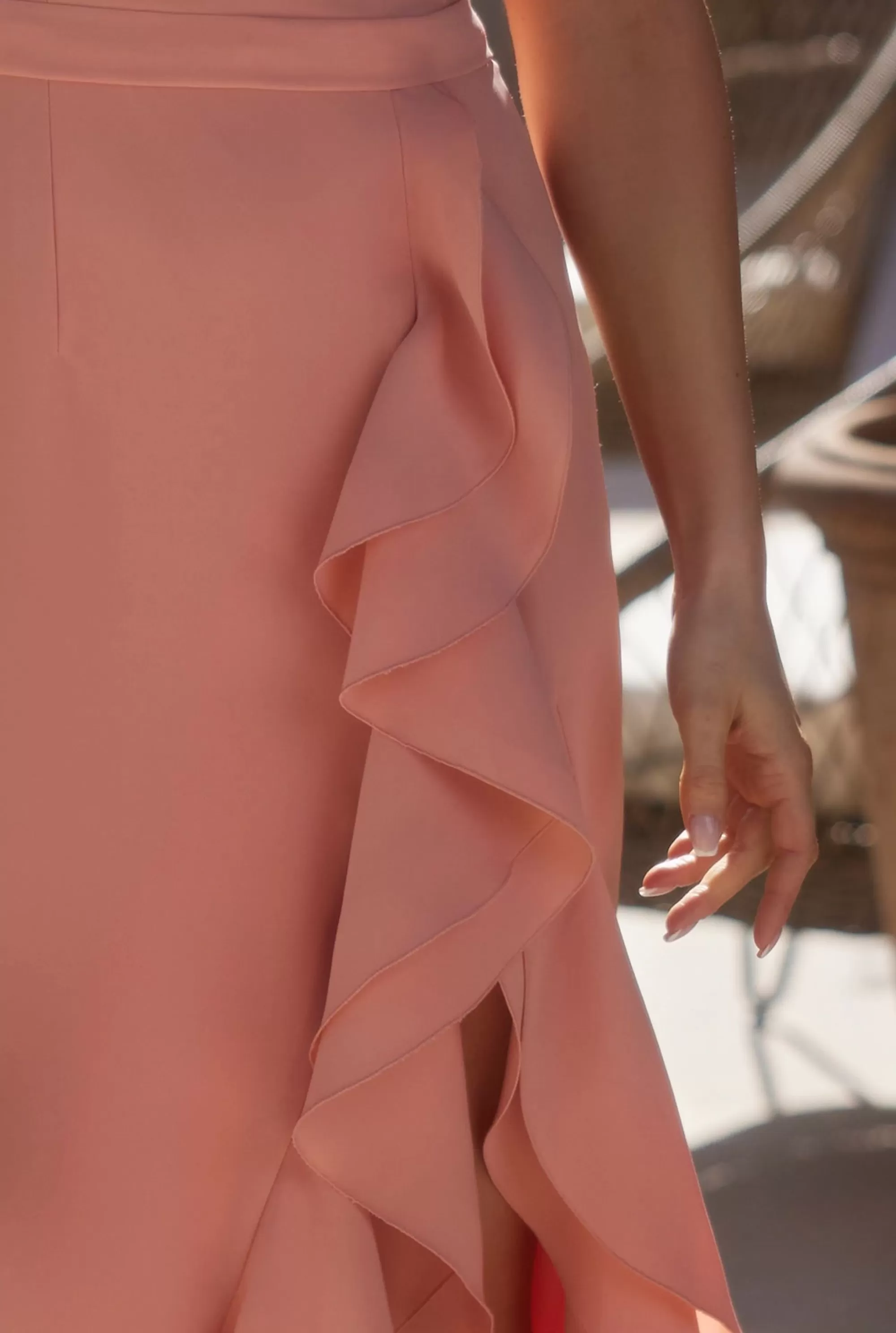 Store Airine - Corset Dress In Peach Shade With Asymmetrical Neckline And Frills Women Prom