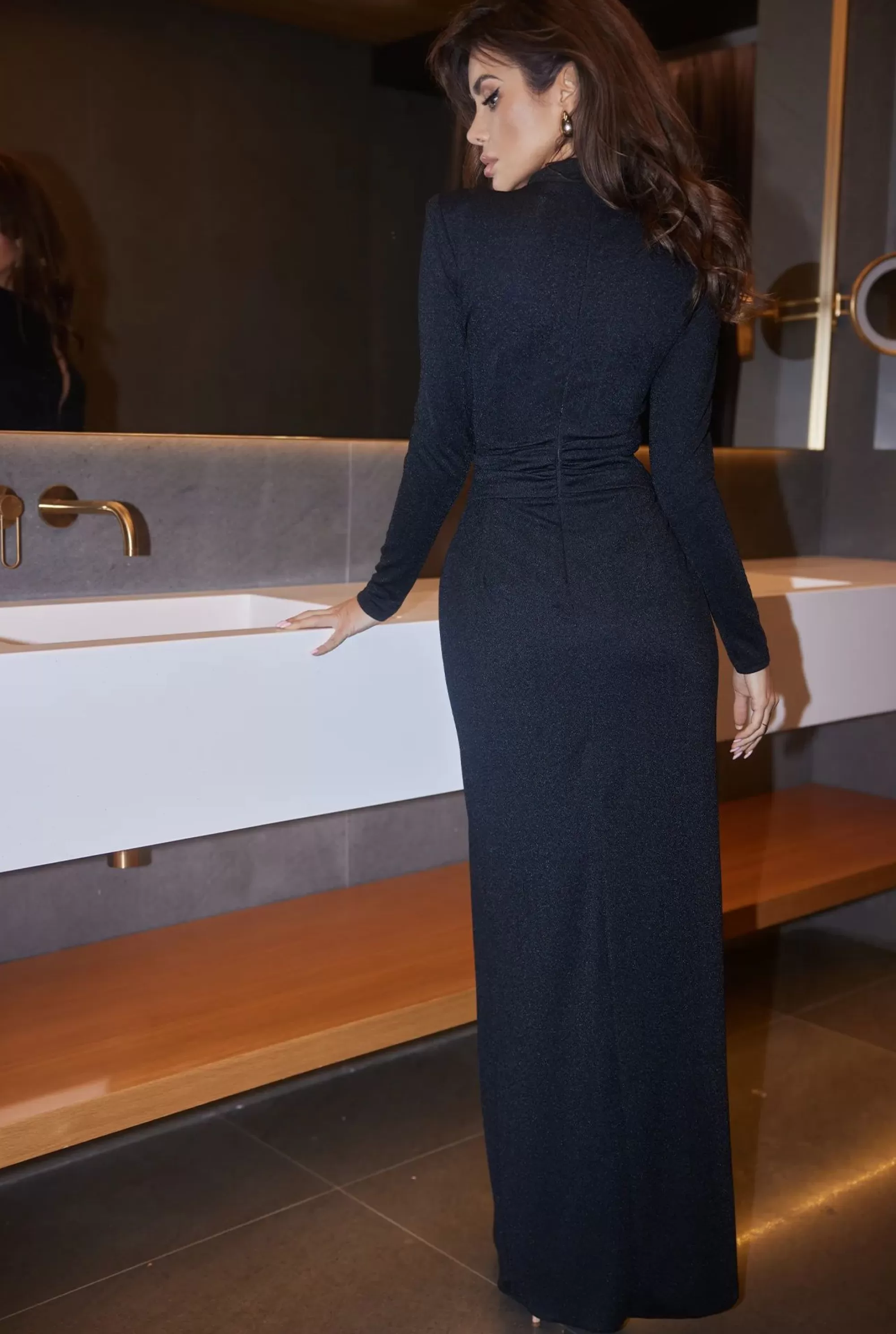 Store Ariana - Black Maxi Dress With Ornamental Buckle, Shoulder Pads And Zircons Women Wedding