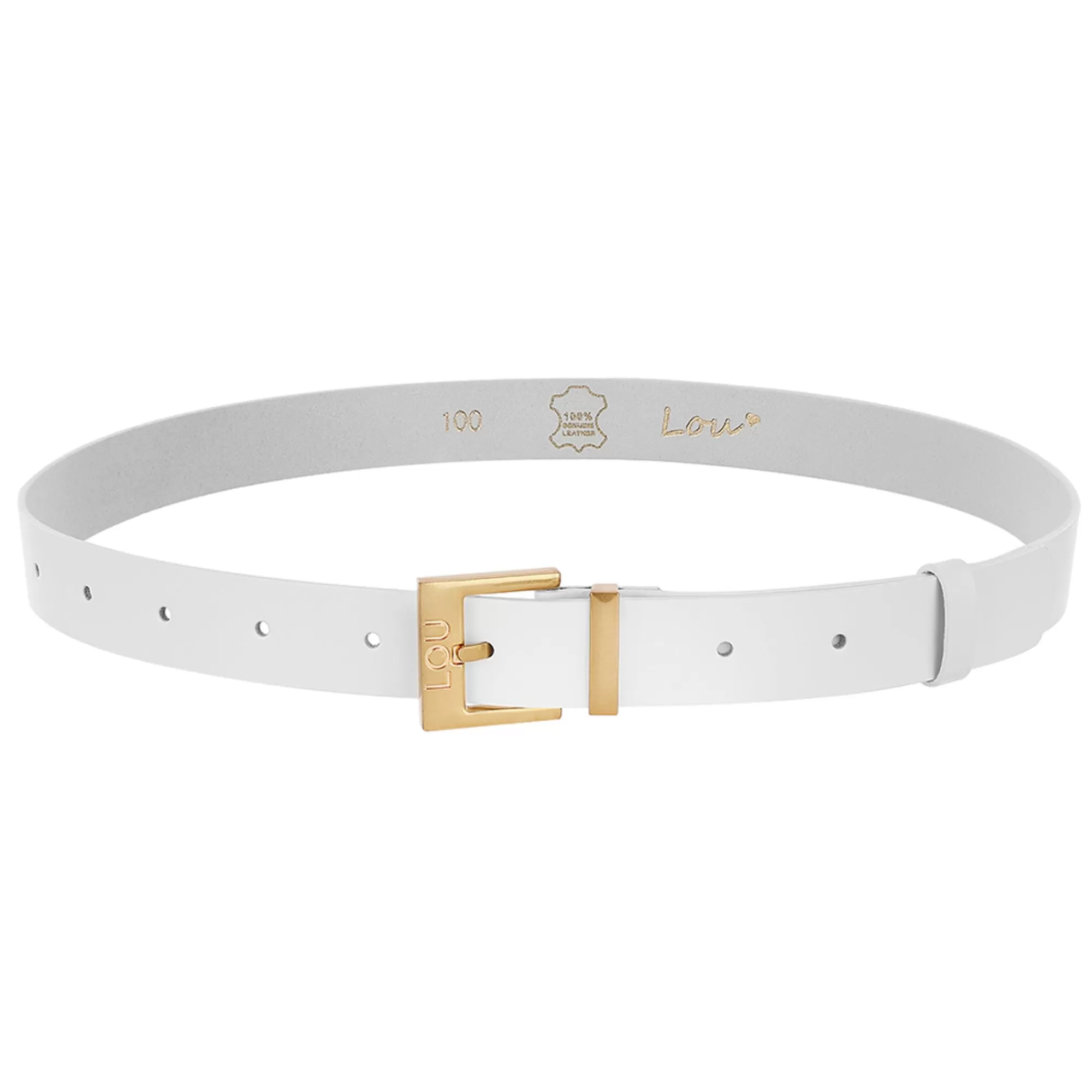 New Charo Belt - Elegant White Leather Belt With Gold Buckle And Lou Logo. Women Belts