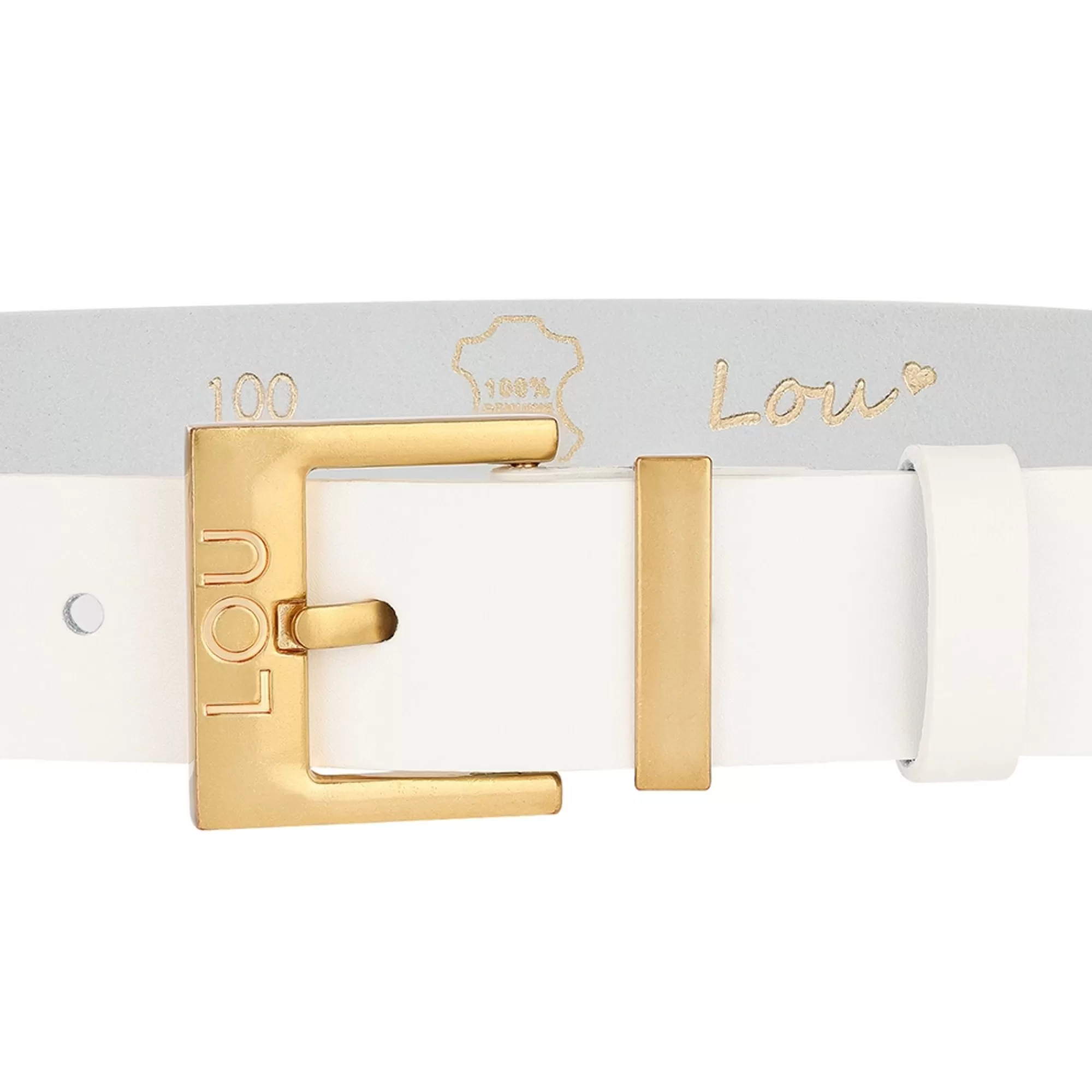 New Charo Belt - Elegant White Leather Belt With Gold Buckle And Lou Logo. Women Belts