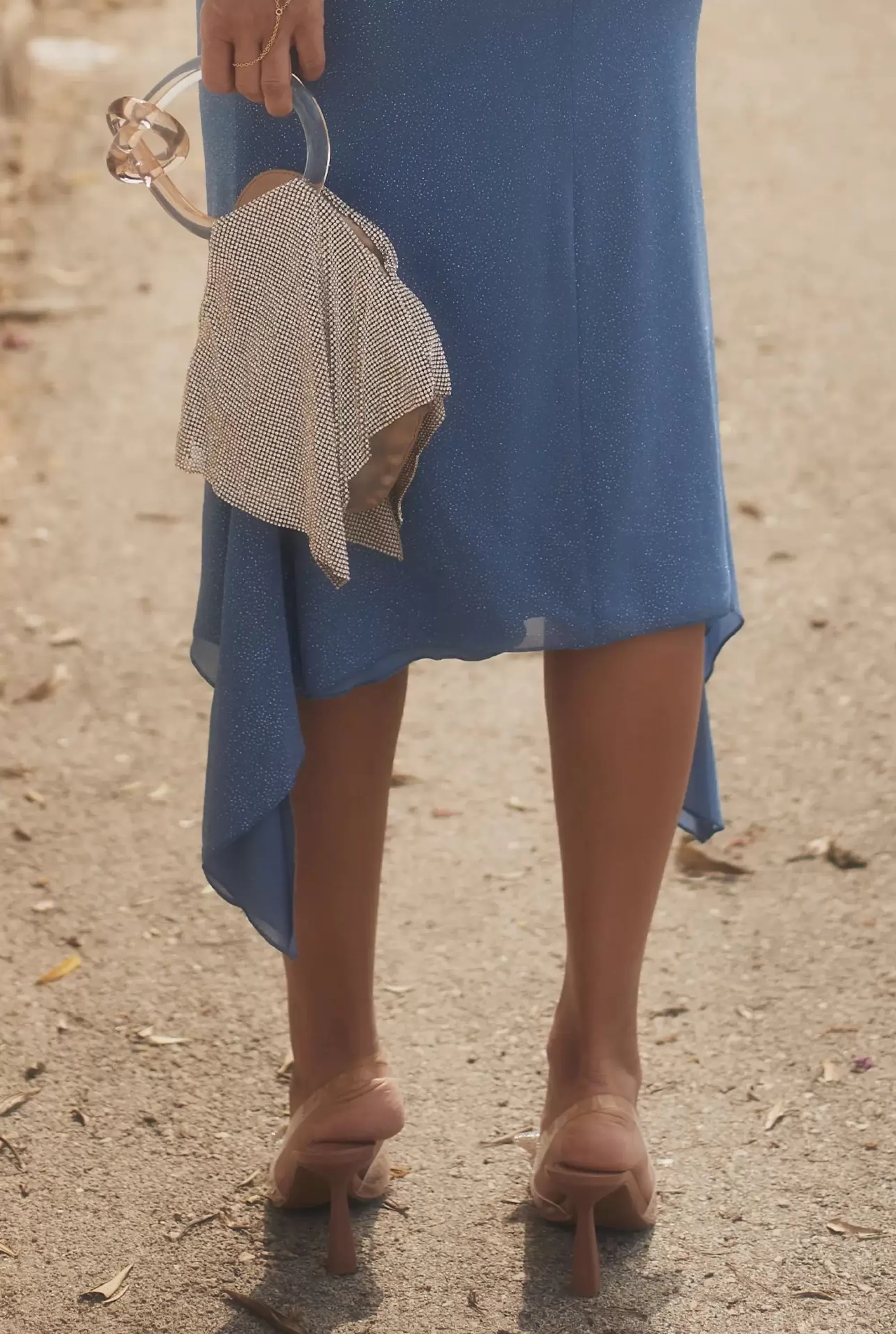 New Comet - Midi Blue Brocade Dress With Decorative Scarf Women Wedding