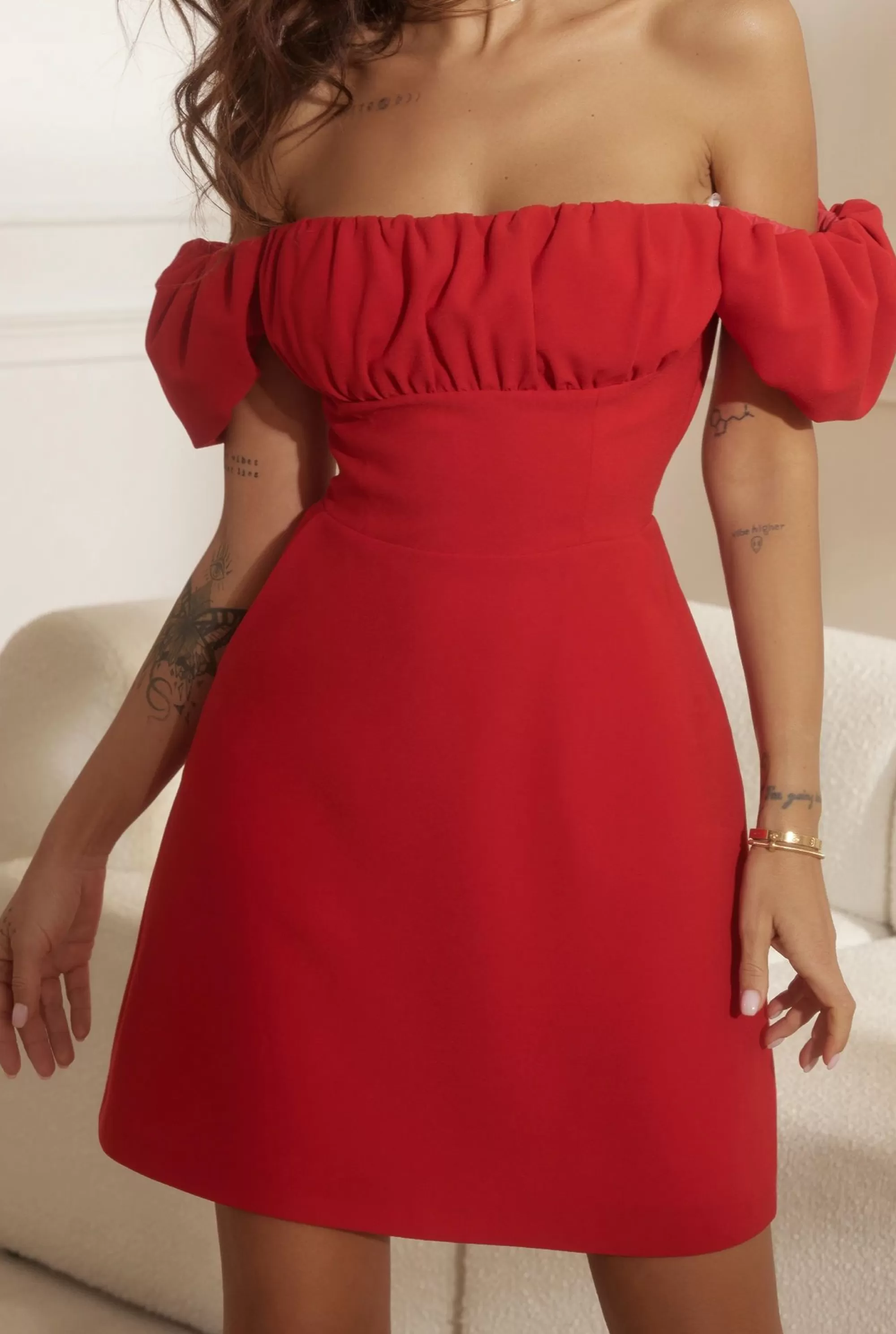 Shop Karmine - Red Mini Spanish Dress With Ruffles And Carmen Neckline Women Wedding