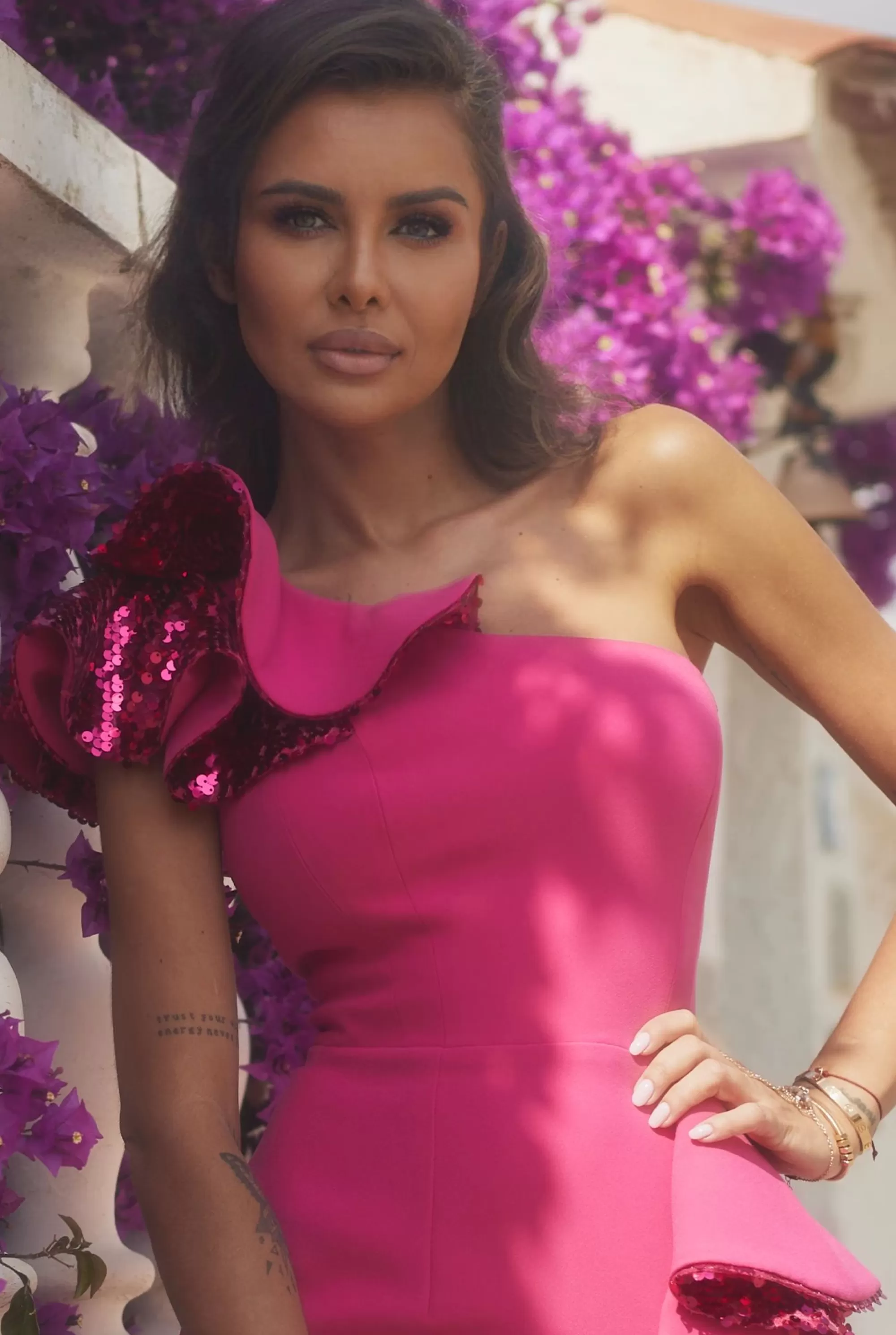 Fashion Luka - Fuchsia Colored Fitted Mini Dress With Sequin Ruffles Women Wedding