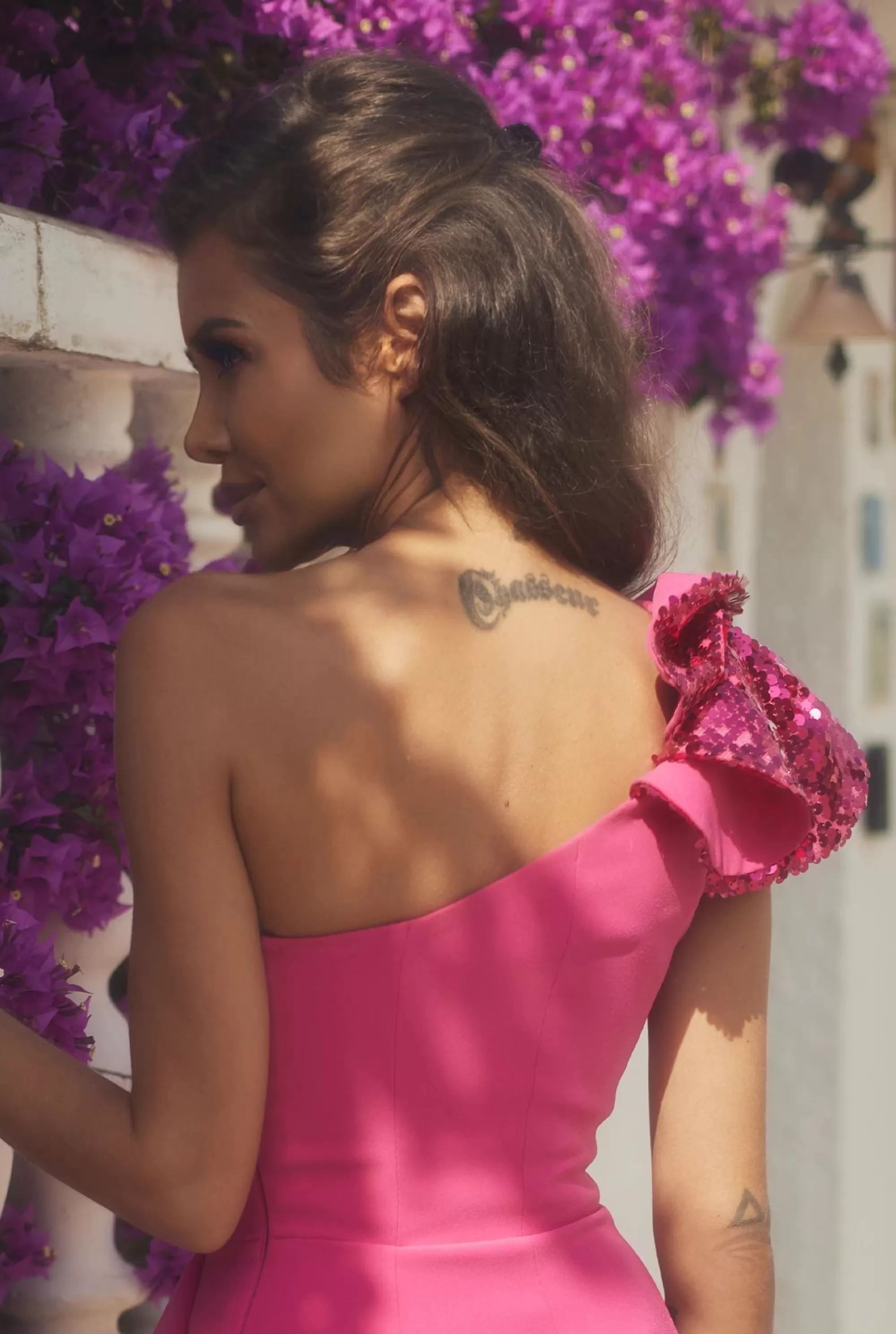 Fashion Luka - Fuchsia Colored Fitted Mini Dress With Sequin Ruffles Women Wedding