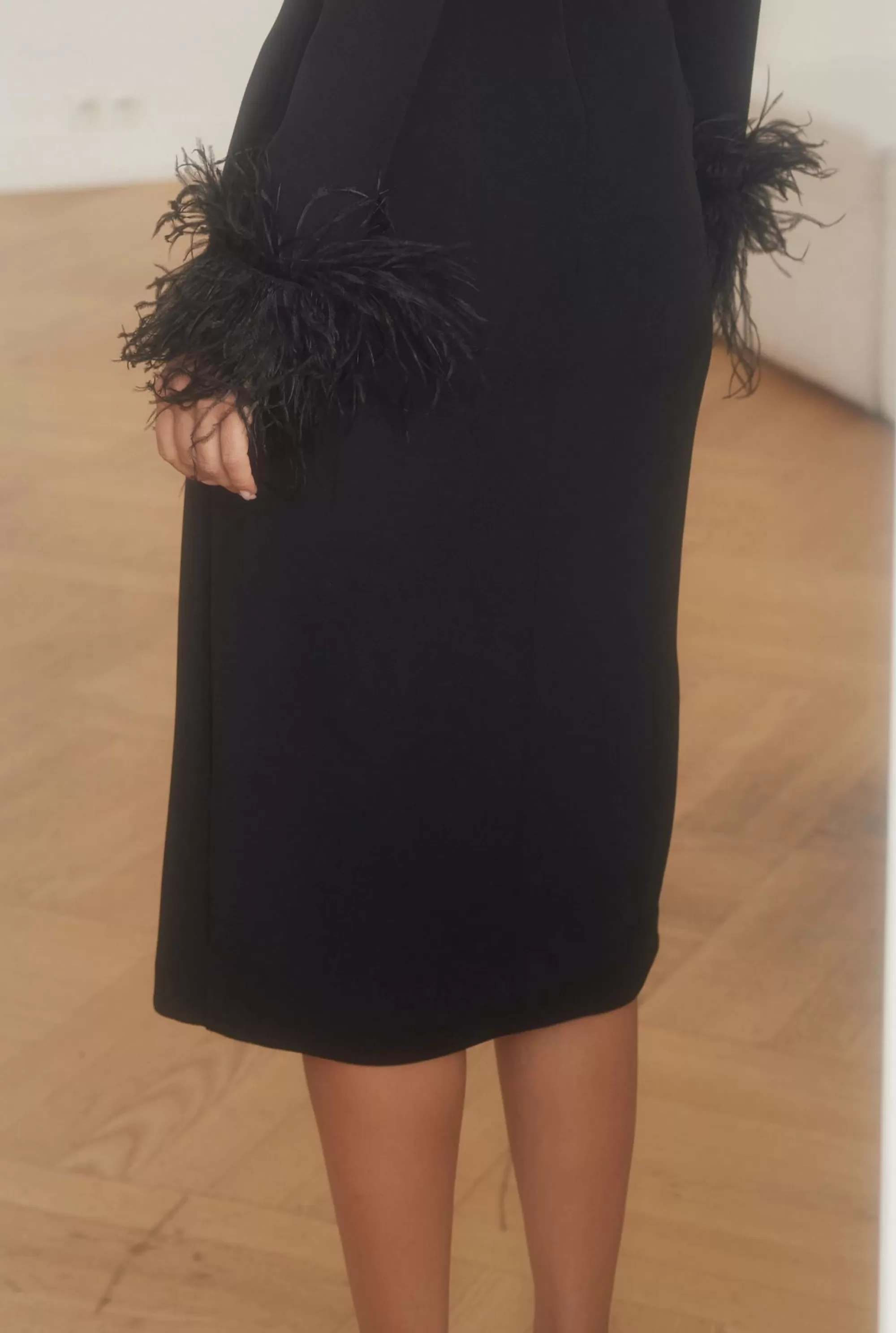 Discount Soledad - Black Midi Dress With Feathers For Special Occasions Women New Year'S Eve