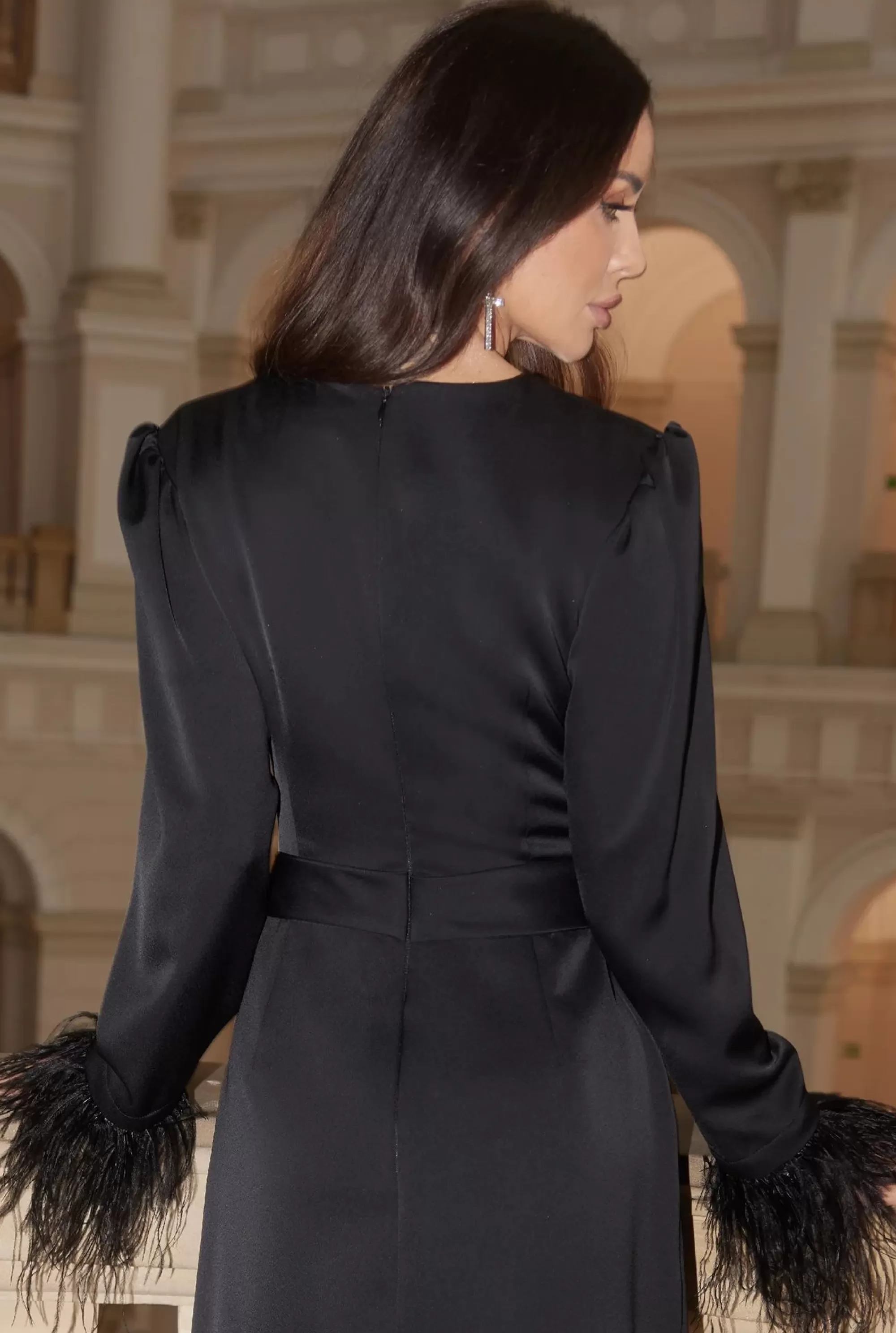 Shop Tamisha - Shimmering Black Satin And Feathers In A Black Dress Women New Year'S Eve
